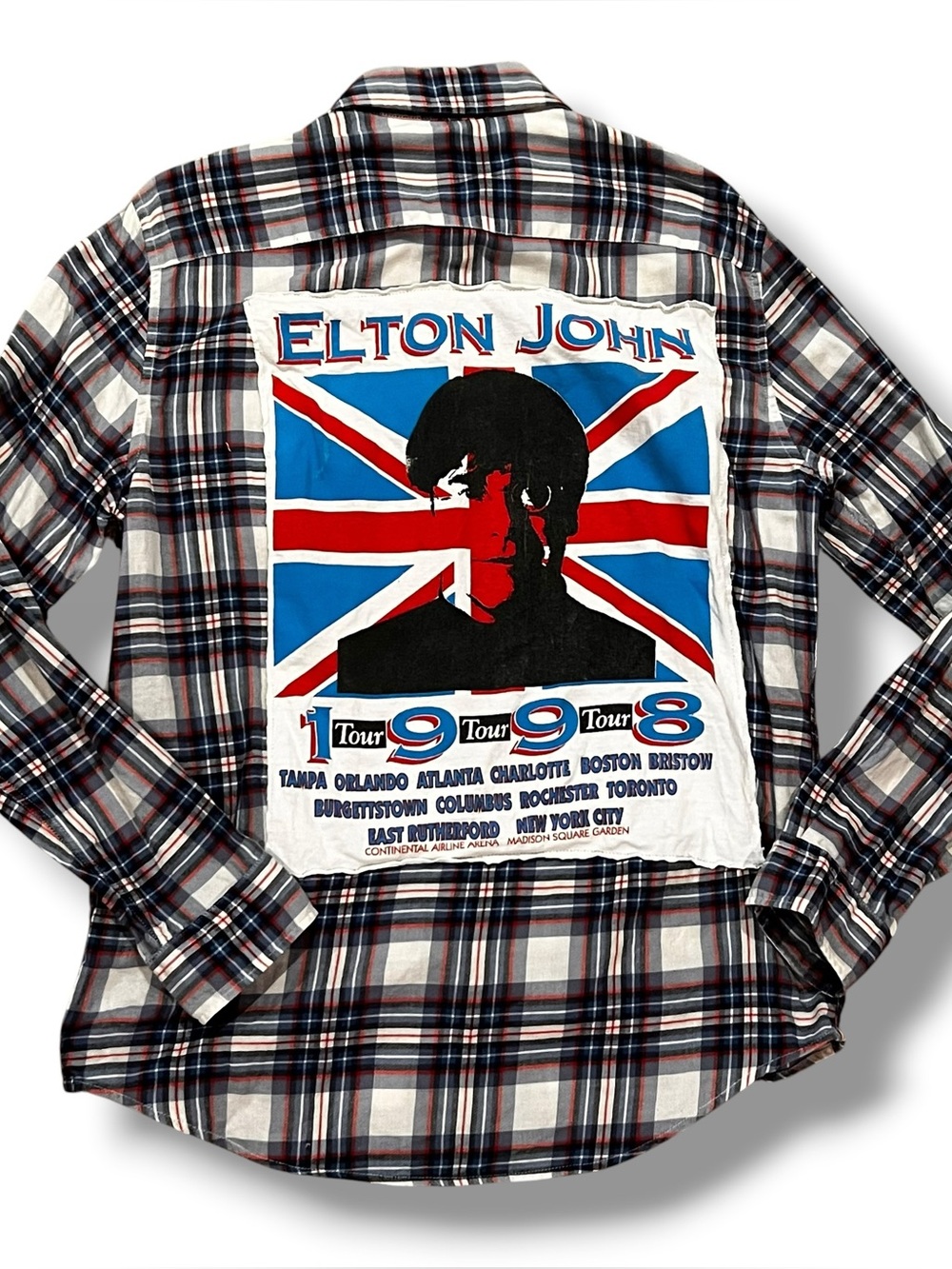 Upcycled Elton John 1998 Tour OOAK W/ British Flag Patch AE Flannel Shirt M D3